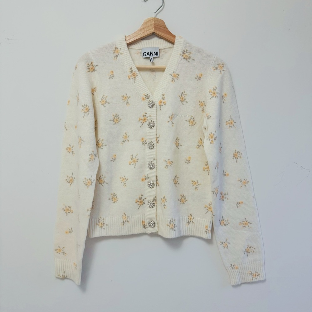 New! Ganni Cream Cardigan with Yellow Floral Print and Crystal Buttons